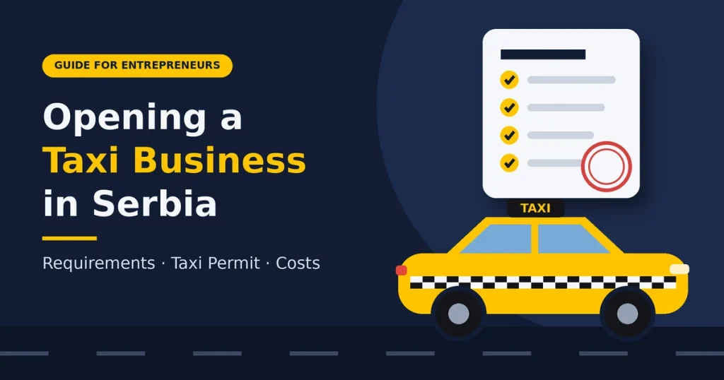 A yellow taxi car in front of a document with marked items and a stamp, with the title of a guide for entrepreneurs.